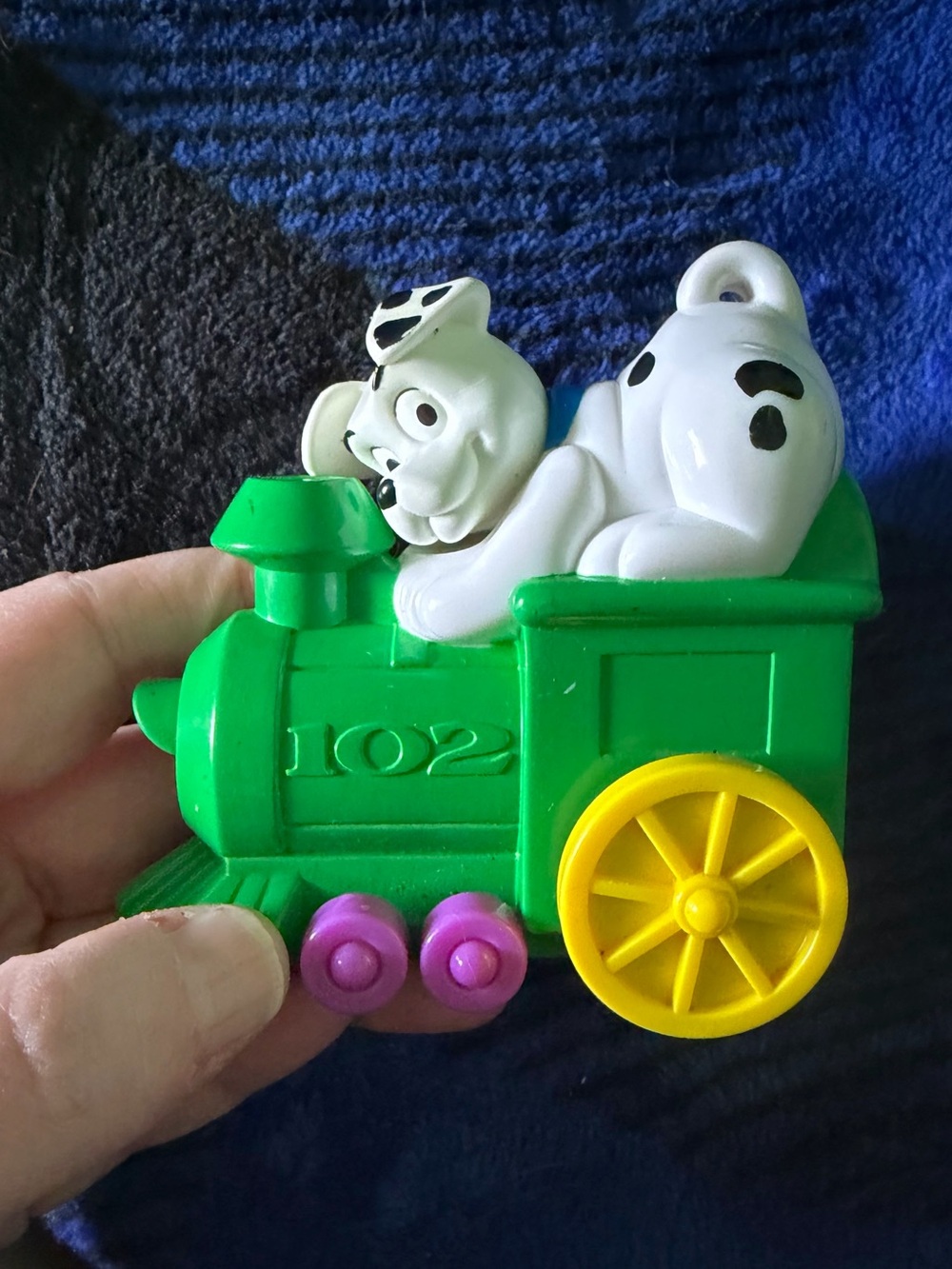 Vintage Disney 101 Dalmatians Green Train Pull Toy with White Puppy